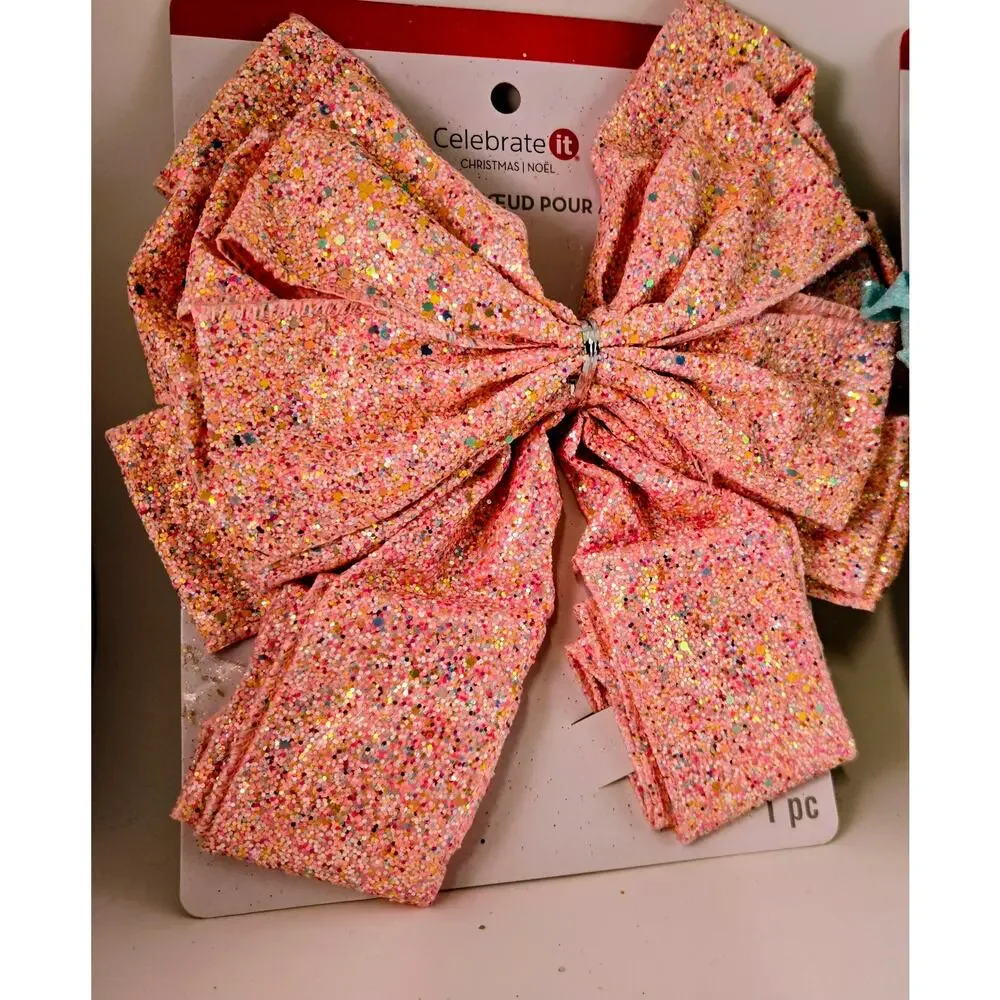 2 Large Christmas Wreath Bows Tree Topper Pink Blue Indoor Outdoor Holiday Decor